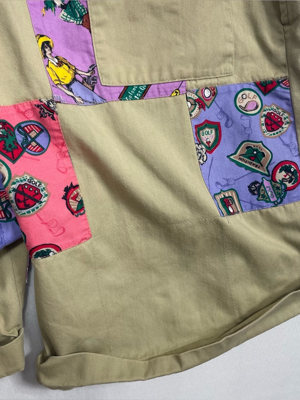 PatchIt Golf Print Patchwork Khaki Cotton Shorts Size Large Funky Retro - Picture 7 of 14
